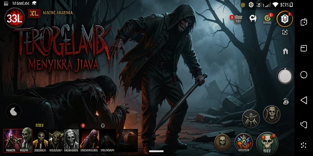 Screenshot gameplay 33L yang menampilkan suasana mencekam dan makhluk menyeramkan.