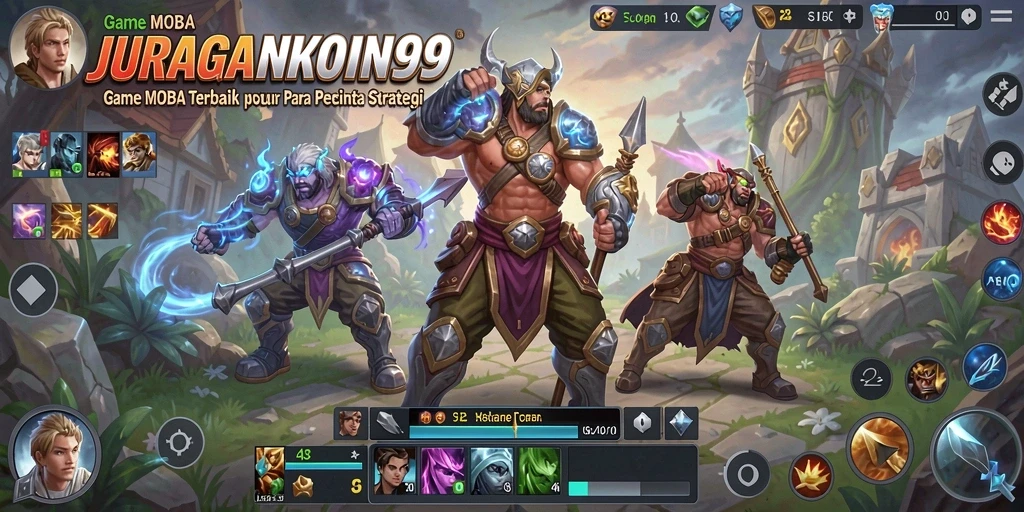 Screenshot game MOBA JURAGANKOIN99 dengan aksi pertarungan seru.
