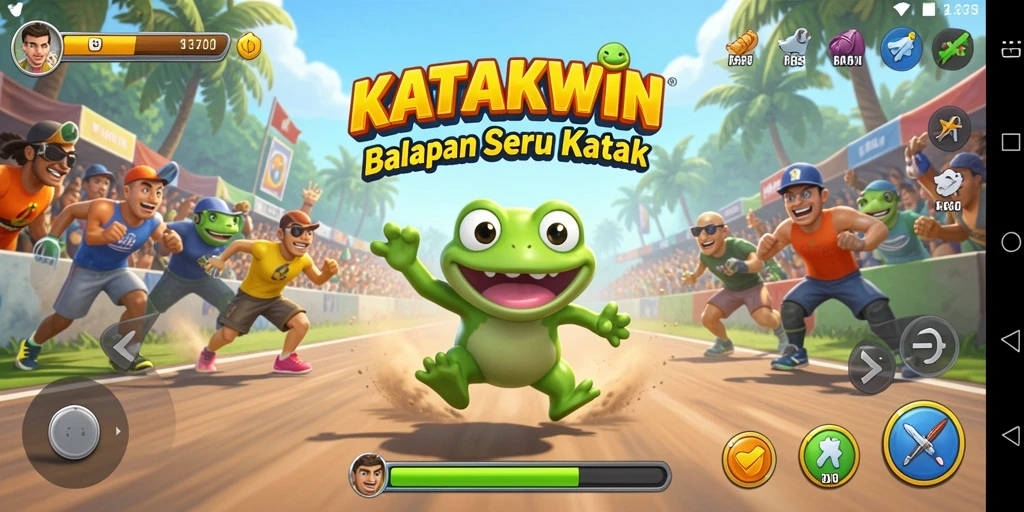 Gambaran gameplay KATAKWIN dengan katak berlomba di lintasan.