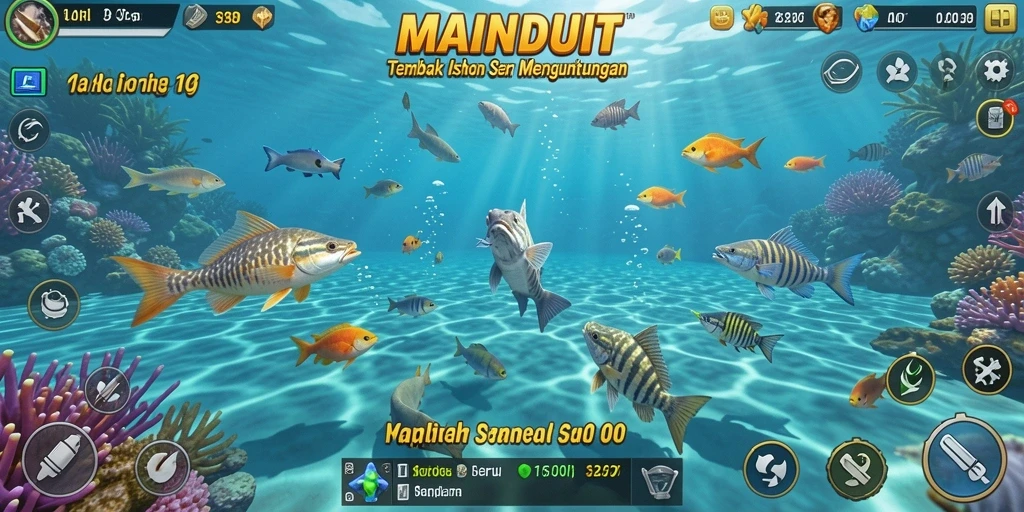 Screenshot utama MAINDUIT menampilkan gameplay seru saat menembak ikan.