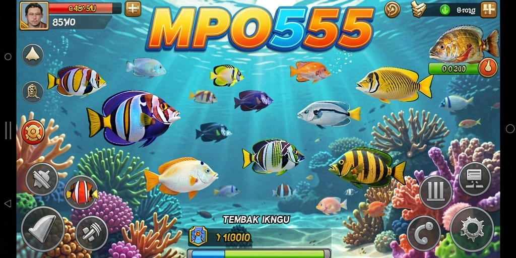 Screenshot utama MPO555 menampilkan gameplay menembak ikan yang seru.