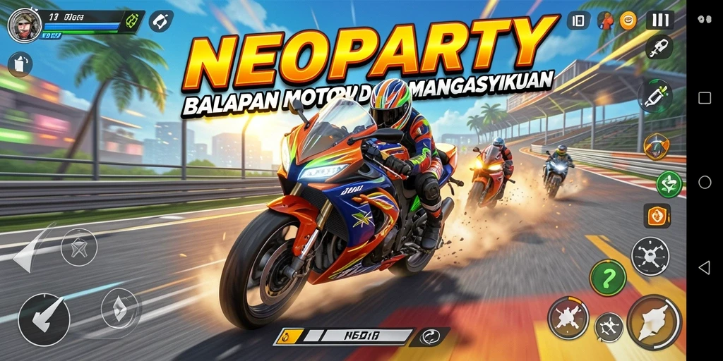 Tangkapan layar dari gameplay NEOPARTY yang menampilkan balapan motor yang mendebarkan.
