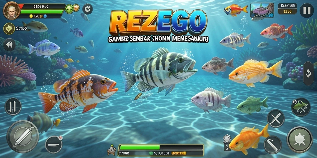 Screenshot gameplay seru dari REZEGO, menangkap ikan besar.